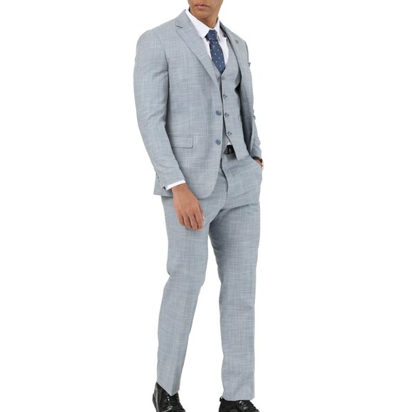 Light Blue Crosshatch Pattern Notch Lapel 3 Piece Stacy Adams Men's Suit - Picture 1 of 3